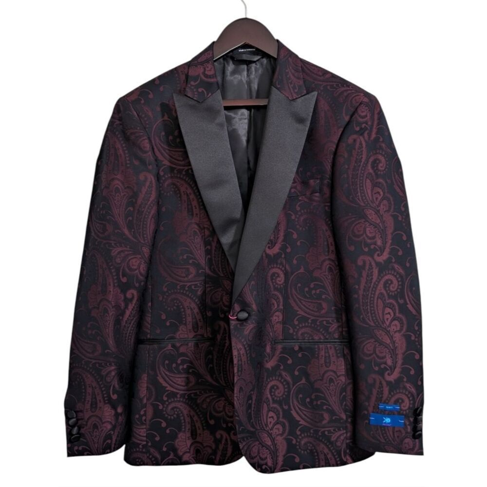 EGARA Burgundy Black Paisley Slim Fit Tuxedo Dinner Jacket Blazer 40R NWT